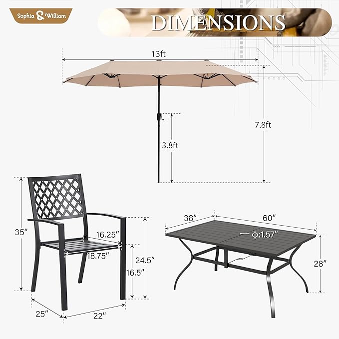 Sophia & William Patio Dining Set with 13ft Double-Sided Patio Umbrella, 8 Piece Metal Outdoor Table Furniture Set with 6 Stackable Chairs, 1 Rectangle Dining Table and 1 Large Beige Umbrella
