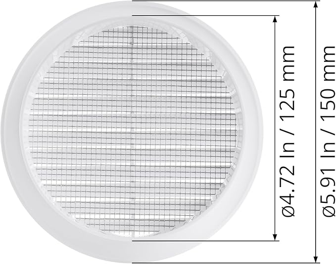 White 5" Inch Round Ventilation Grille with Insect mesh. (Duct 5Ø / Grille 6Ø) Ventilation Applications. Indoor and Outdoor Vent Cover. Available 3 Sizes / 4 Colors.