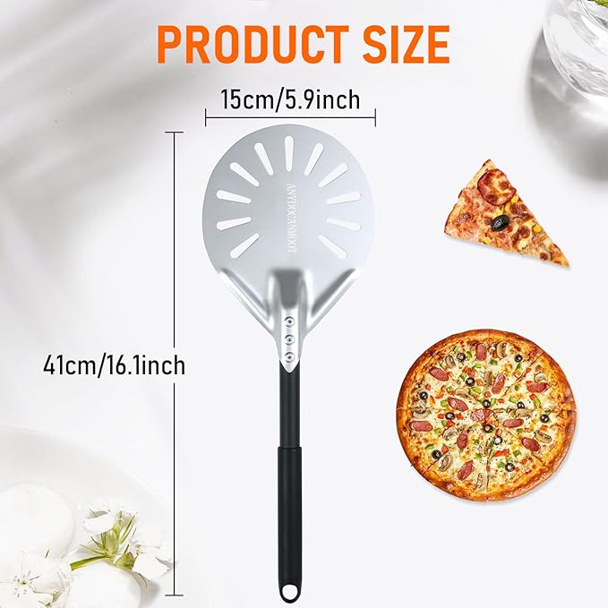 Perforated Pizza Peels 6 INCH pizza spatula paddle Long Handle Metal Pizza Spatula for Indoor and Outdoor (12inch extension)