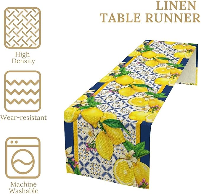 Yellow Lemon Table Runner, Spring Summer Seasonal Blue Tiles Watercolor Lemon Table Runner for Farmhouse Kitchen Indoor Outdoor Party Decor, 13x70inch
