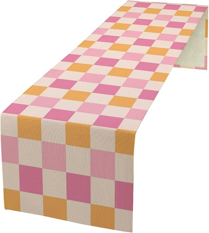 Pink Checkered Table Runner, Vintage 70s Abstract Cute Modern Hippie Table Runner for Party Kitchen Dining Home Outdoor 13x70in