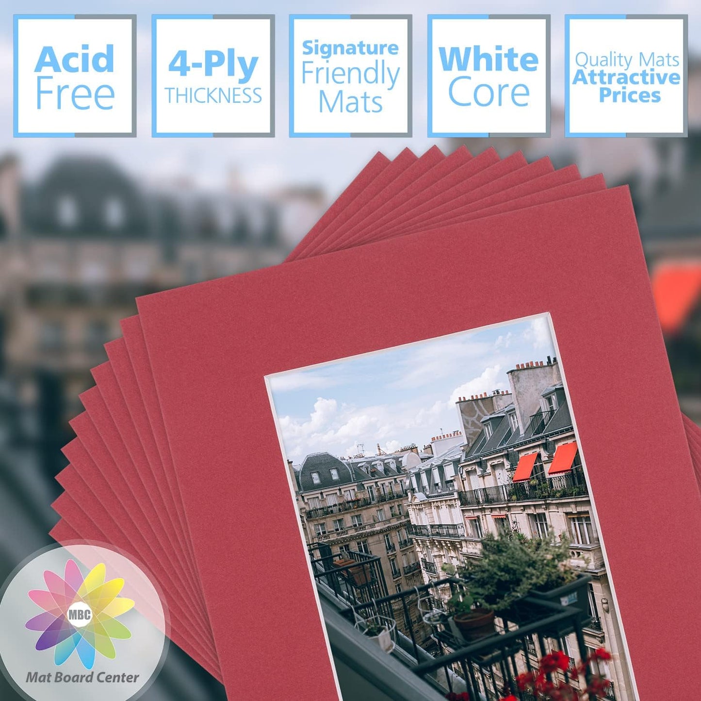 Mat Board Center, Pack of 10, 8x10 for 5x7 China Red Color Mats - Bevel Cut, Acid Free, 4-ply Thickness, White Core - for Pictures, Photos, Framing