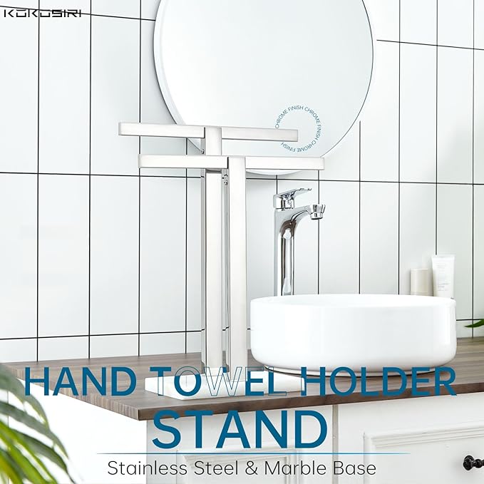 KOKOSIRI Hand Towel Holder Stand Towel Rack with Marble Base, Bathroom Kitchen Vanity Polished Stainless Steel Towel Bar 15.7'' Height THS0001-SM-CH