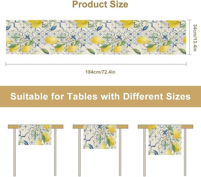 Vintage Lemon Table Runner, Watercolor Yellow Lemons Blue Tiles Spring Summer Seasonal Kitchen Dining Table Decoration for Indoor Outdoor Party, 13x90inch