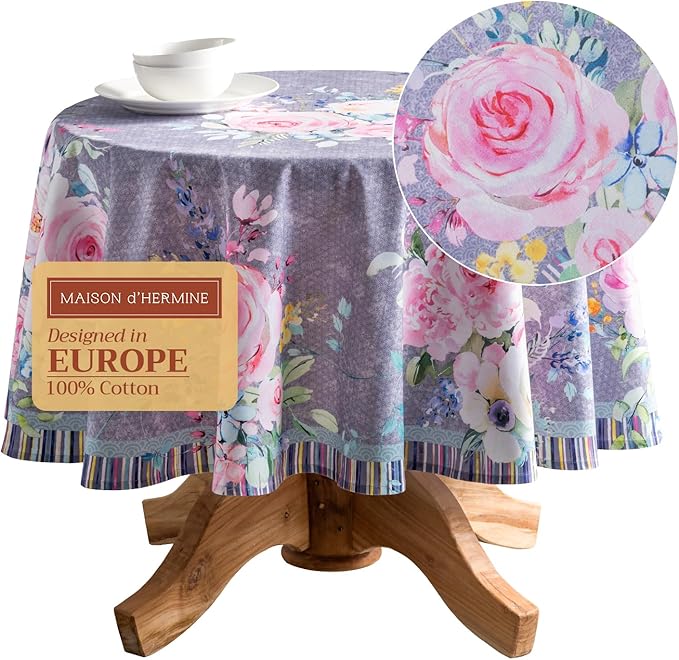 Maison d' Hermine Table Cloth Round Table 100% Cotton 63 Inches Tablecloth Reusable Decorative for Dining Room, Farmhouse, Home, Party, Festive & Wedding Spring Summer - Sweet Rose Lavender - Lush
