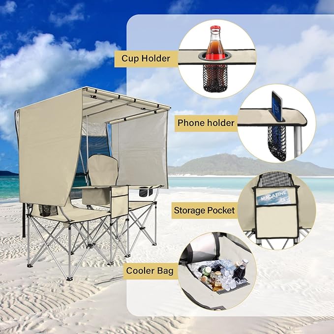 BESTHLS Double Camping Chair with Canopy Shade - Heavy Duty 600D Outdoor Loveseat for Adults, 2-Person Beach Chair with Umbrella, Folding Camp Loveseat for Fishing, Sports, Patio (White)