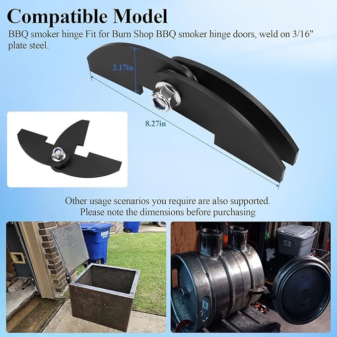 2 Pcs 8 x 2 1/4" Large Heavy Duty BBQ Smoker Hinge, Compatible with Burn Shop BBQ Smoker Hinge Doors, Fit for 3/16" Plate Steel, with Bolt, Nut, Washers