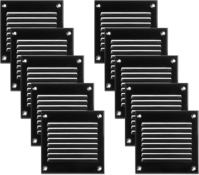Vent Systems 4'' x 4'' Inch (Overall Dimensions) Pack of 10 - Black - Air Vent Cover Metal Air Return Grill with Built in Guard Screen Mesh - HVAC Vent Duct Cover, Soffit Vent for Indoor & Outdoor