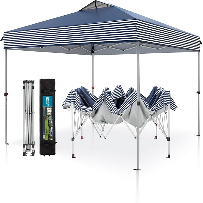 PHI VILLA Pop Up Canopy 10 10 Tents for Parties with Wheeled Bag, Portable Lightweight Folding w/Adjustable Height,Blue and White Stripes