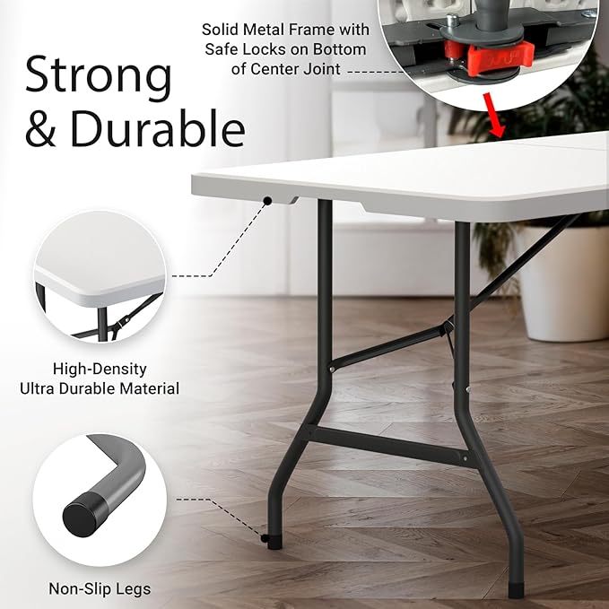 10 Pack of 6 Feet Foldable Table with Built in Handle & Steel Legs | Heavy Duty Portable | Perfect for Party, Dining, Wedding, Events, Picnic Indoor, Outdoor, Camping, Utility, Temporary