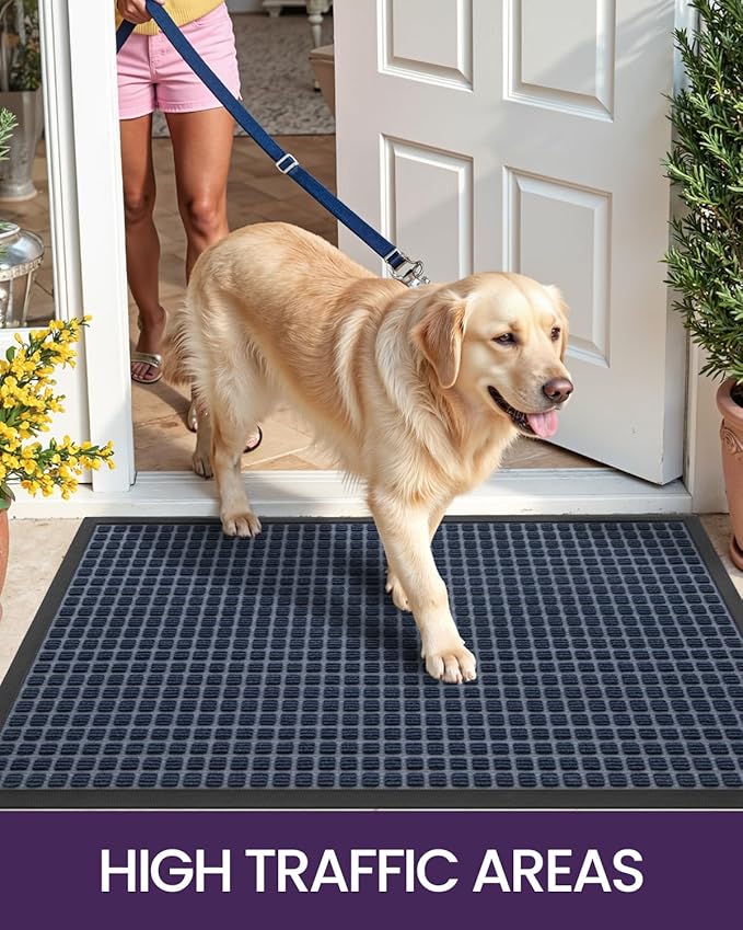 DEXI Front Door Mat Outside Entrance, 4x6 ft Large Rubber Entry Doormat Heavy Duty, Welcome Mats Non Slip for Inside House Floor Entryway Double Doors Exterior Patio, Squares Blue