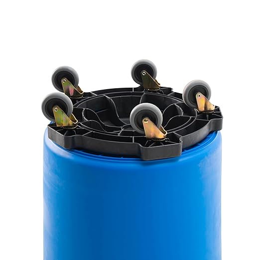 PRO&Family Commercial Round Trash Can with Lid and Dolly Rolling Waste Container, Ingredient Bin, Heavy-Duty Plastic, Anti-Static, Kitchen, Office, Outdoor Use (Blue, 32 Gallon)