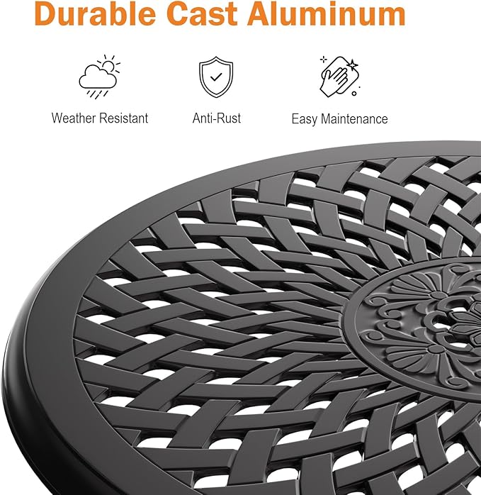 Cast Aluminum Outdoor Side Table, All Weather Round Bistro Table, Outdoor Coffee Table, Small End Table for Patio, Indoor, Lawn, Garden, Black