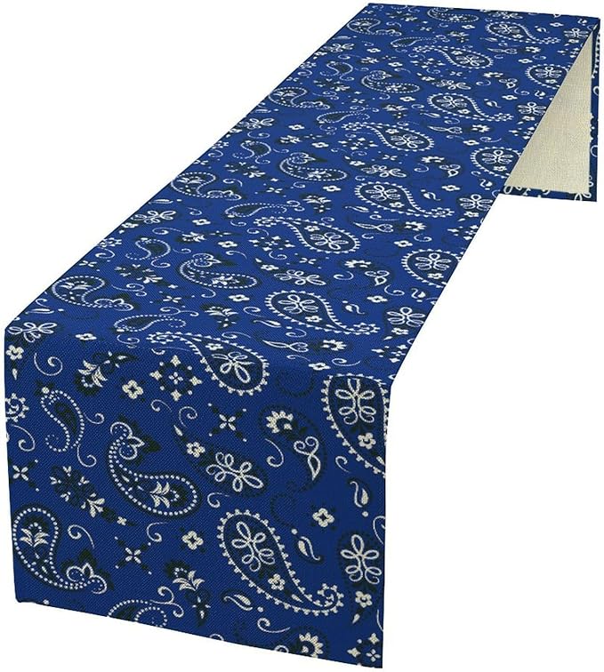 Blue Paisley Table Runner, Vintage Damask Antique Floral Flower Boho Damask Swirled Rustic Coffee Table Center Decor for Family Kitchen and Living Room Outdoor Table Decorations, 13"x90"