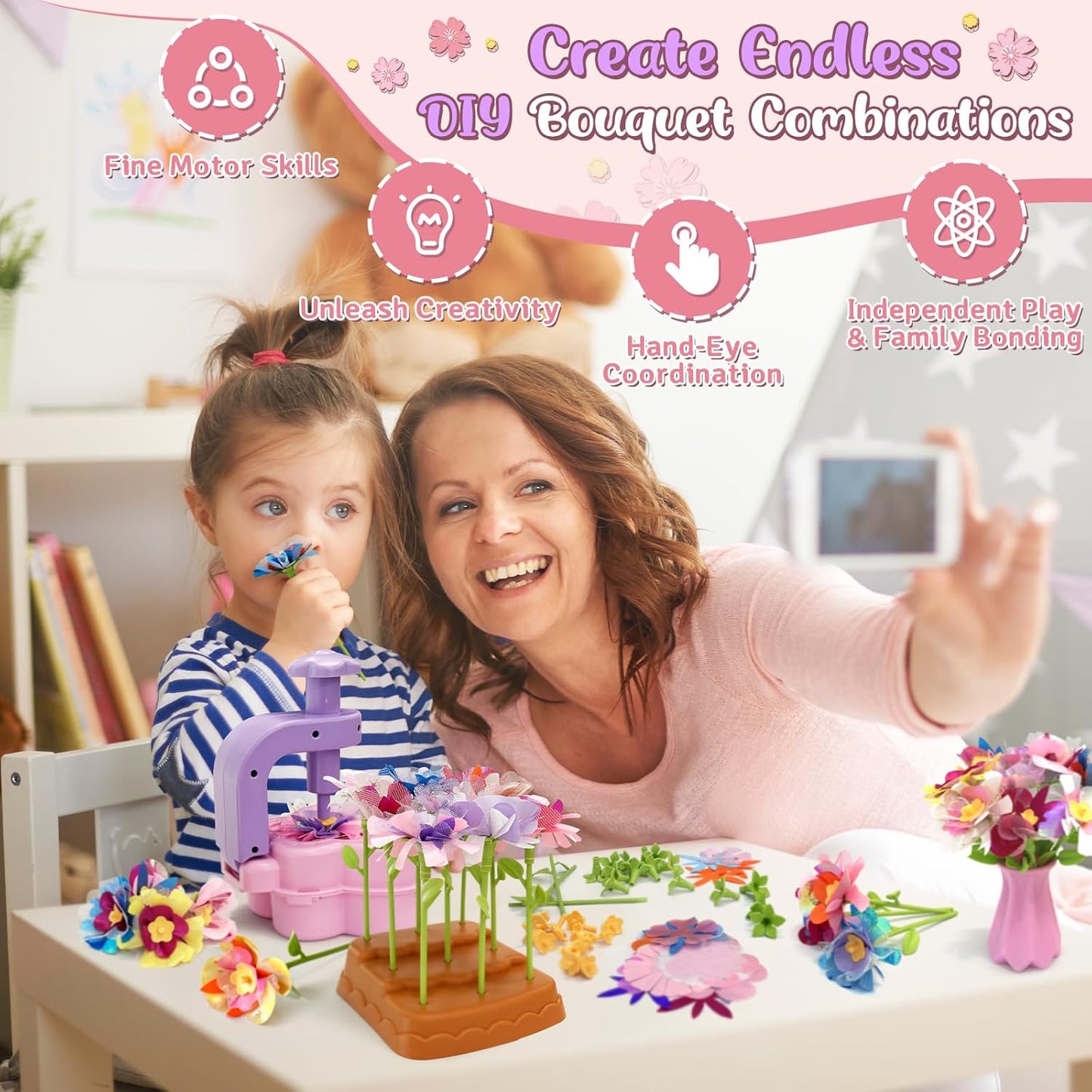 Fabric Flower Bouquets Toys – Mess-Free Flower Crafts for Kids & DIY Arts and Kid Crafts for Ages 3 4 5 6 7 8 9+, No Glue Needed, Fun Early Educational STEM Gift for Birthdays, Christmas, Holidays