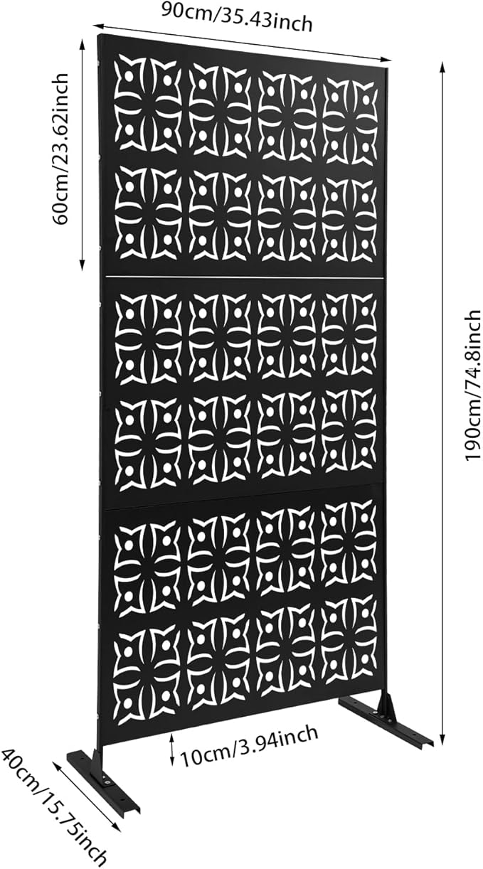 75" H×35" W Decorative Outdoor Privacy Screen with Stand, Outdoor Decor Privacy Fence Screen Metal Fence Panels, Free Standing Metal Divider for Patio Lawn Deck (Black-Orchid)