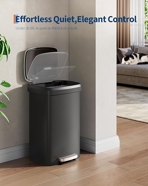 Garvee 13 gal / 50 L Plastic Trash Can with Lid, Large Garbage Can for Kitchen, Rustproof Step-on Kitchen Trash Bin with Liner Rim, Rear Handle, Soft Close Lid, Black
