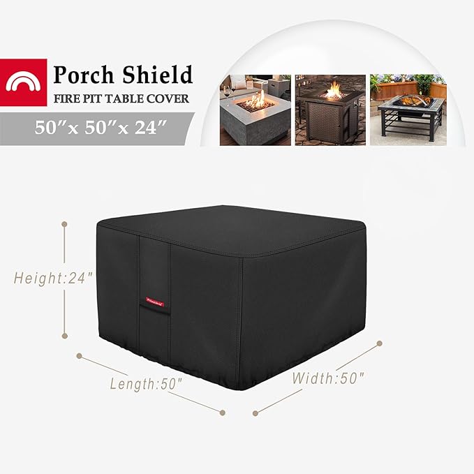 Porch Shield Fire Pit Cover - Waterproof 600D Heavy Duty Fade Resistant Square Patio Fire Pit Table Cover Black - 50 x 50 inch