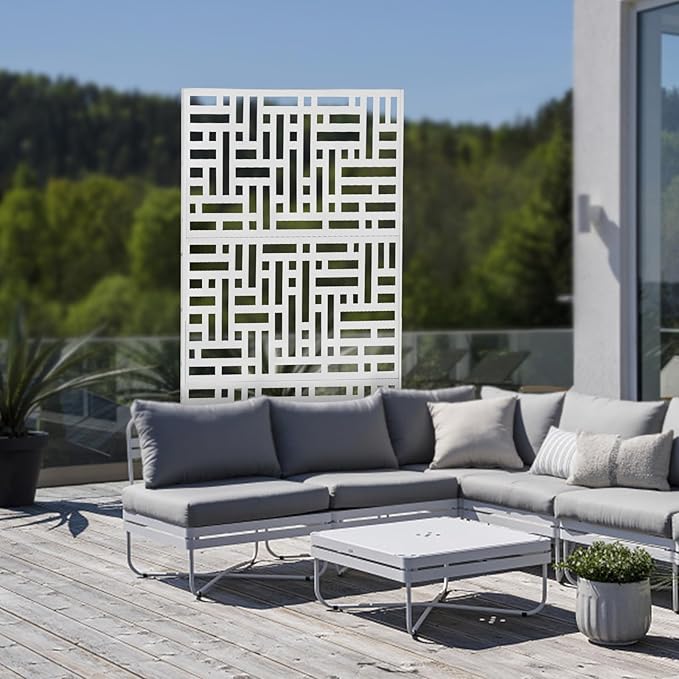 Outdoor Metal Privacy Screen with Stand, 35.4" W x 75" H Freestanding Metal Slatted Decorative Privacy Screen and Panels for Patio Garden Balcony Porch (White A)