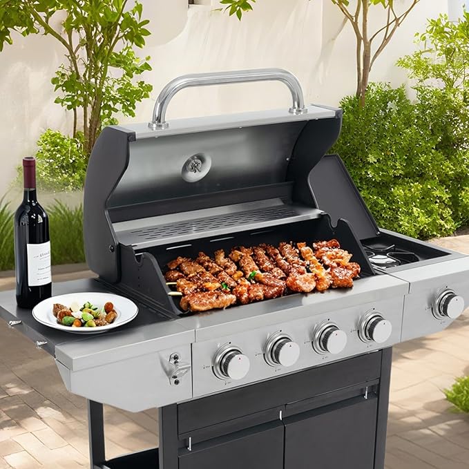 Endark 4-Burner Propane BBQ Grill 46,500 BTU with Side Burner, Stainless Steel Gas Grill, Enameled Cast Iron Grates & Foldable Side Tables for Outdoor Backyard, Patio Cooking