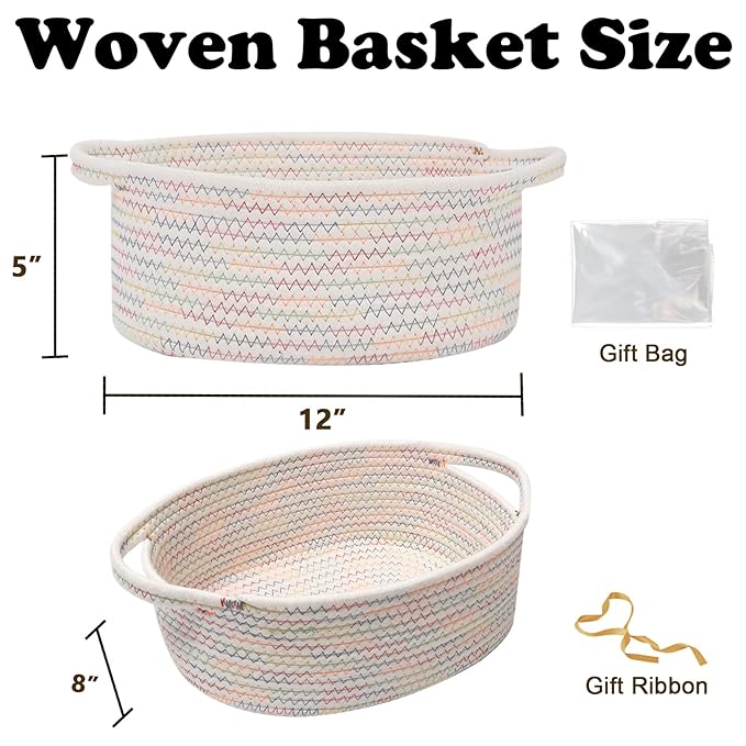 Gift Basket with Gift Bag and Ribbons,Small Rope Woven Shelf Storage,Baskets for Gifts Empty,Birthday,Baby Shower,Decorative Organizer Box with Handles(Colorful Thread)