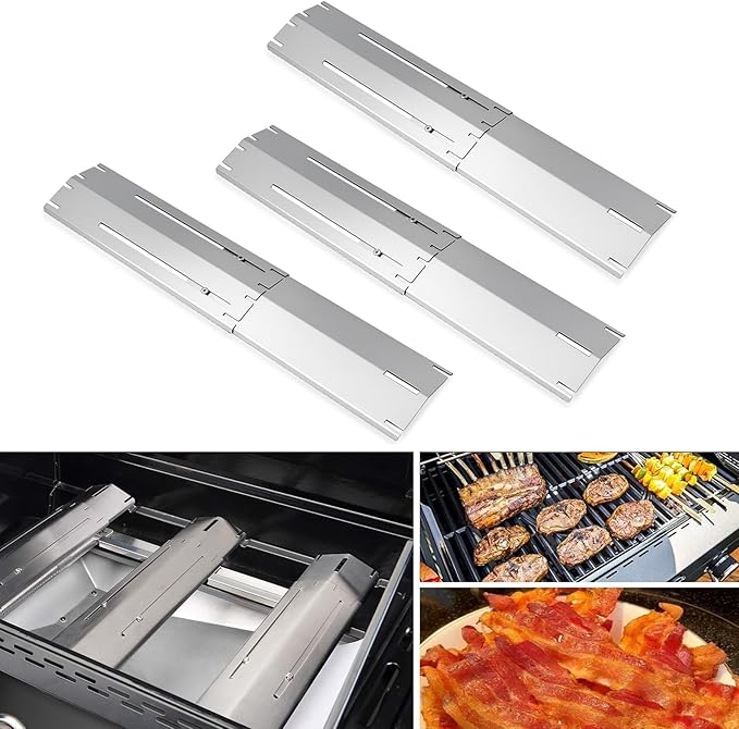 Universal replacement heavy duty adjustable heat plate shield,Burner cover,Flavorizer bar,heat Tent,Flamer tamer for gas grill models,Extends from 11.75"up to 21"L (304 Stainless Steel, 3 Pack)