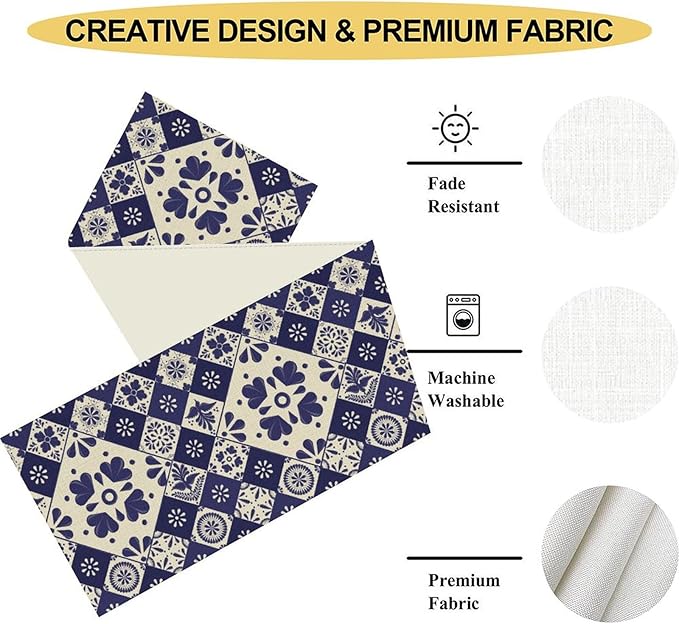 Mexican Table Runner, Blue Floral Birds Mexico Talavera Ceramic Dia De Los Muertos Coffee Table Center Decor for Family Home Kitchen and Dining Farmhouse Indoor Outdoor Table Decorations, 13" X 90"
