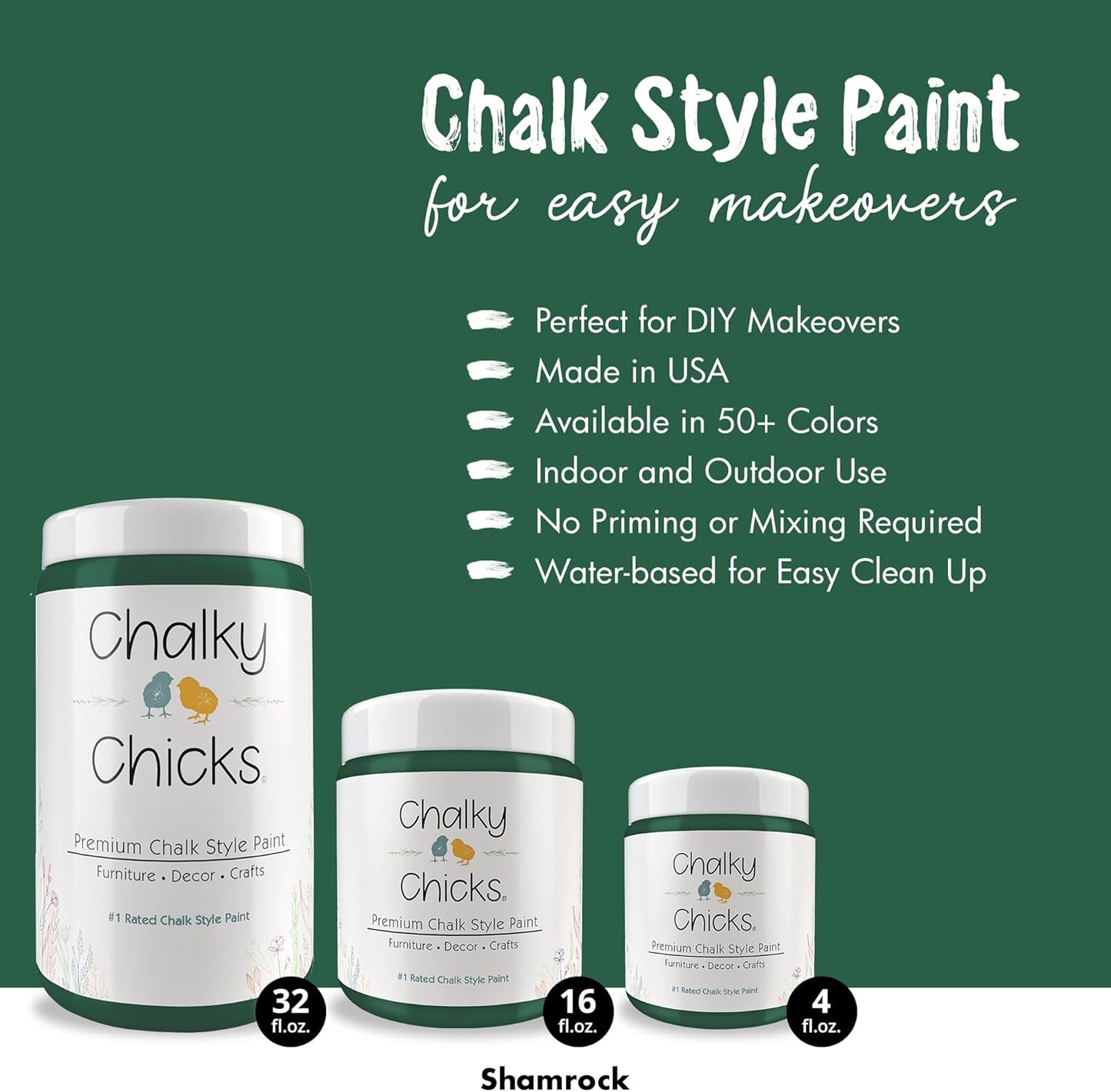 Chalky Chicks All-in-One Chalk Paint for Furniture or Cabinet - 16 Fl Oz - Matte Finish Shamrock (Dark Green) for Metal, Wood Furniture Paint - No Sanding All-in-One for Home Decor & Crafts, USA Made