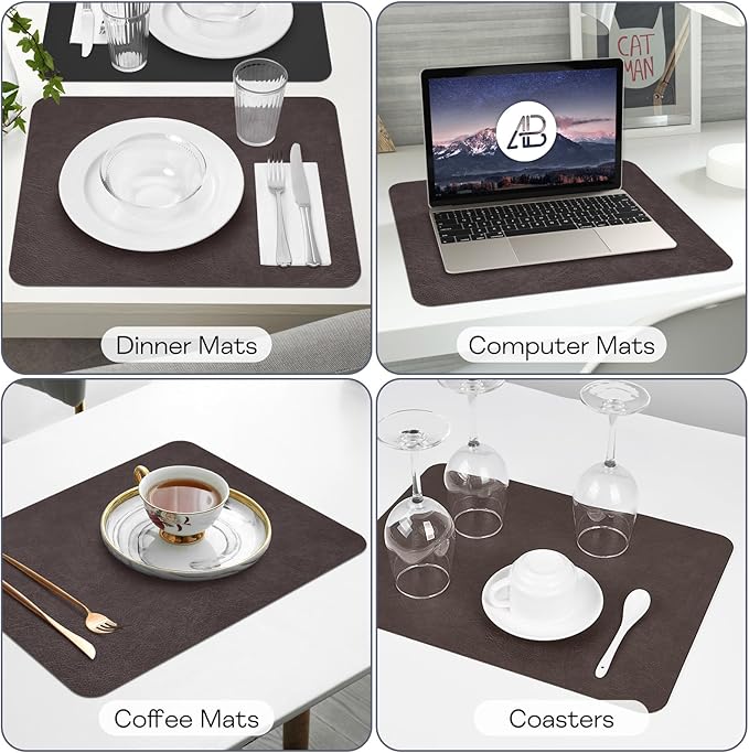 Faux Leather Placemats Set of 6 Table Mats Heat Resistant Reversible Place Mats, Waterproof Wipeable Dining Table Place mats for Home Party Outdoor, 15.8 x 11.8 inches (Choco Brown/Black)