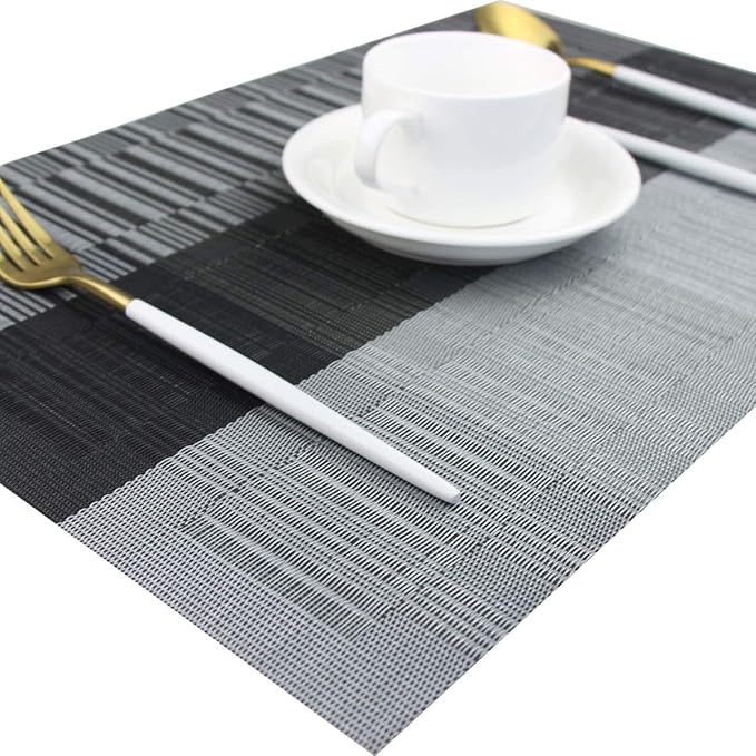 PIGCHCY Vinyl Placemats Set of 12 Washable Durable Kitchen Place Mats Easy to Clean Plastic Placemats for Dining Table (Black)