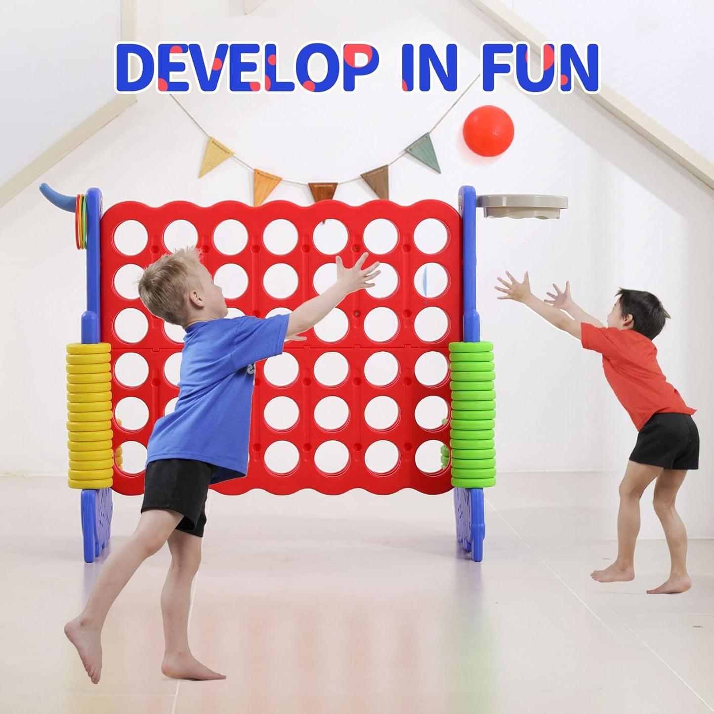 UNICOO Giant 4 in A Row Game with Carry Bag, Basketball Hoop, Ring Toss, 4-to-Score Game, Large Outdoor Yard, Parties & Gatherings (Blue & Red)