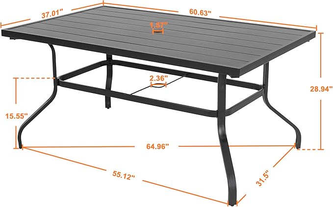NUU GARDEN Outdoor 61" x 37" Rectangle Dining Table with 1.57" Umbrella Hole, 6-Person Steel Slat Outdoor Patio Table, for Patio, Garden, Backyard and Balcony, Black