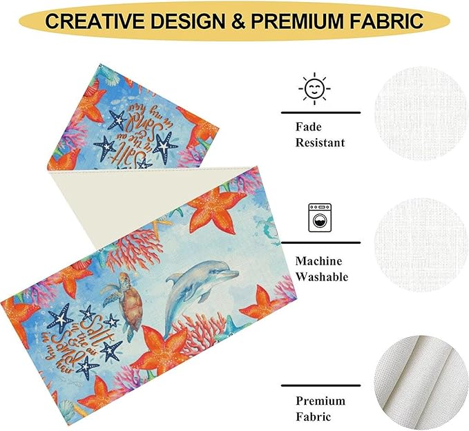 Summer Ocean Table Runner, Blue Sea Coastal Nautical Starfish Turtle Dolphin Seashell Undersea Table Runner Seasonal Holiday Home Kitchen Dining Table for Home Party Decor 13"x72"