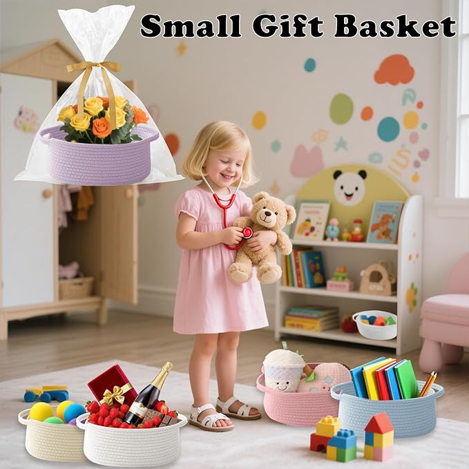 Gift Basket with Gift Bag and Ribbons,Small Rope Woven Shelf Storage,Baskets for Gifts Empty,Birthday,Baby Shower,Decorative Organizer Box with Handles(Purple)