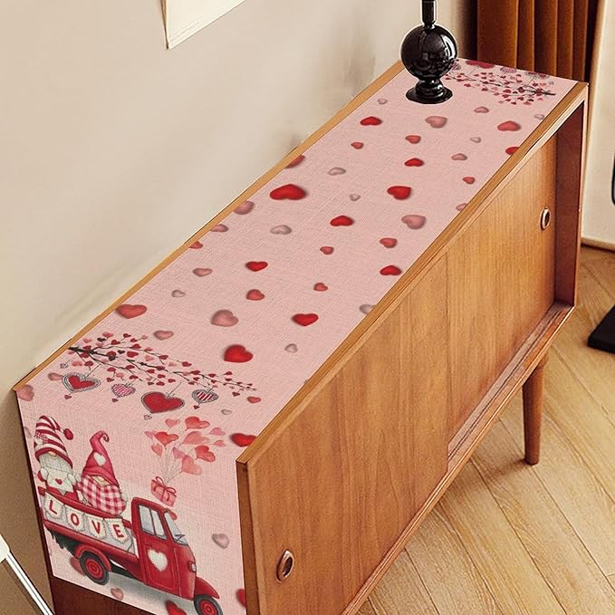 Valentines Day Table Runner,Pink Red Heart Gnomes Truck Balloon Valentines Runner for Table Seasonal Cute Decor for Indoor Outdoor Dining Table Decorations, 13"x36"
