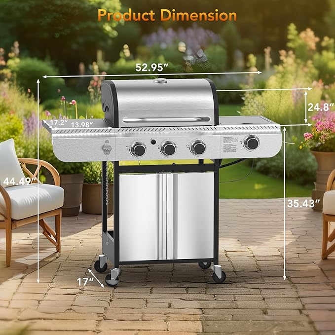 3-Burner Propane Gas BBQ Grill with Side Burner,Stainless Steel Gas Grill with Cast Iron Grates,37000 BTU Barbecue Grill, Suitable for Outdoor Cooking,Camping,Patio Backyard