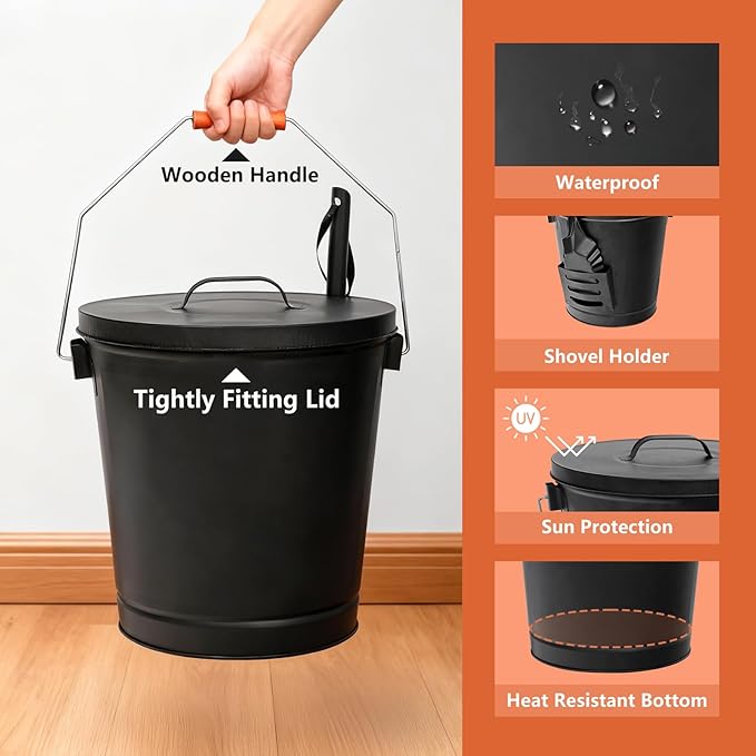 JupiterForce Ash Bucket with Lid and Shovel, 5.15 Gallon Large Galvanized Metal Hot Coal Wood Ash Carrier Pail for Fireplace, Fire Pits, Wood Burning Stoves, Grill, Outdoor Camping, Black