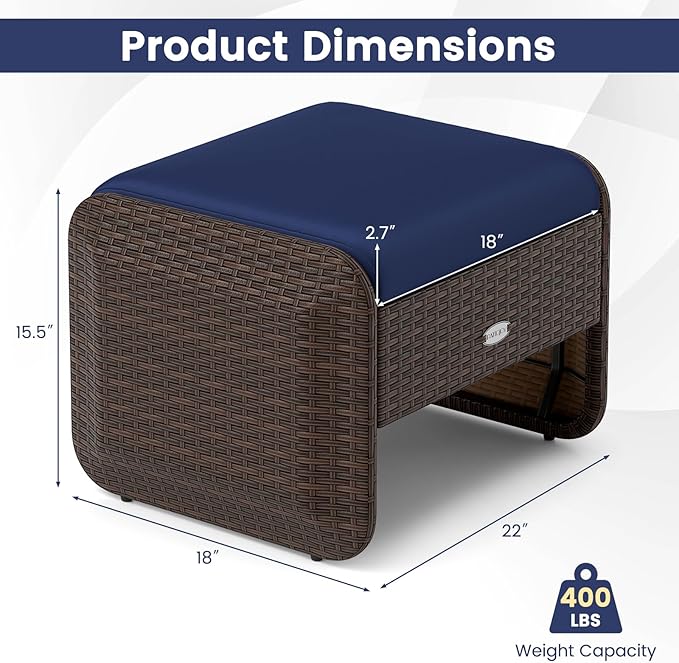 Tangkula 2 Pieces Patio PE Wicker Ottomans with Removable Cushions, Multipurpose Outdoor Furniture for Additional Seating, Footrest and Side Table, Outdoor Footstools for Porch, Backyard (Navy)