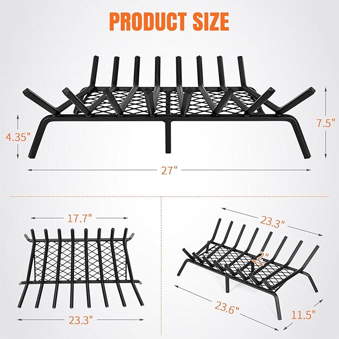 INNO STAGE Fireplace Grates with Ember Retainer - 27 Inch Fireplace Log Grate, Firewood Wood Log Holder Rack, Inside Wrought Cast Iron Fire Grate for Hearth Indoor Outdoor Camping