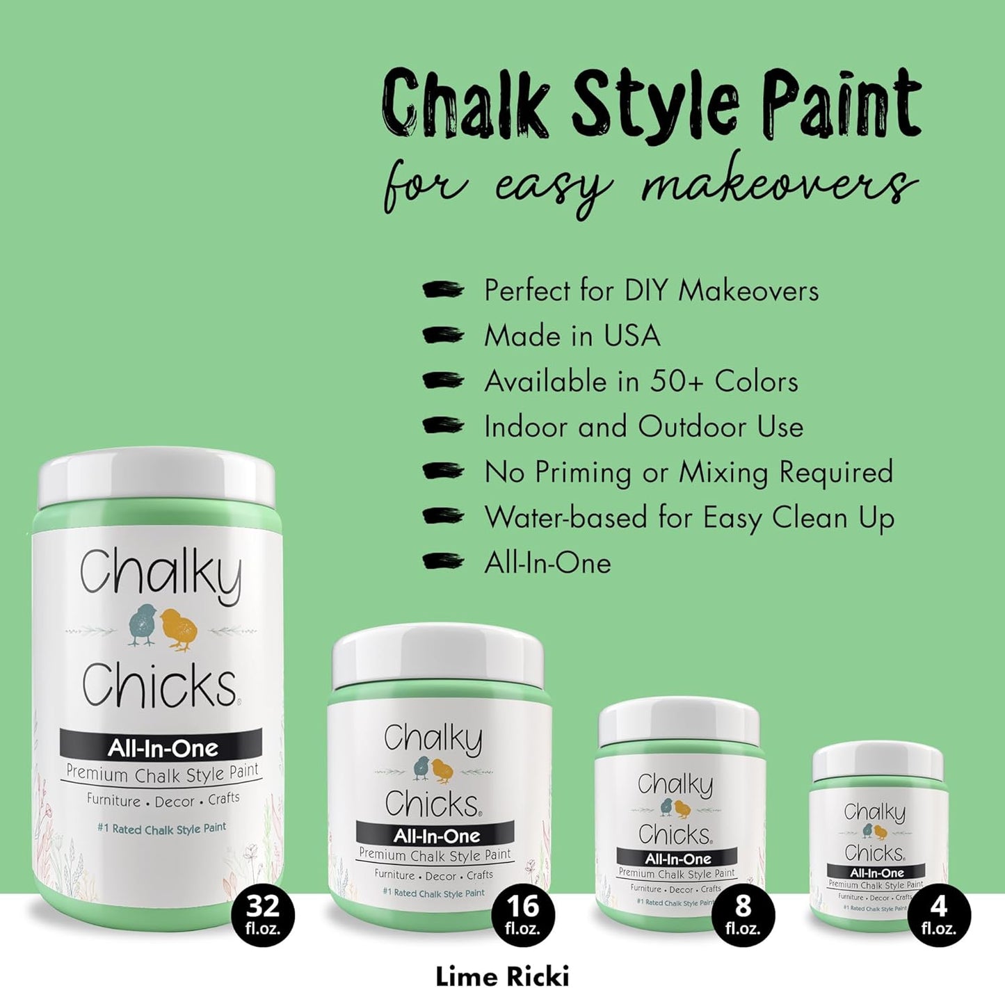 Chalky Chicks All-in-One Chalk Paint for Furniture or Cabinet - 4 Fl Oz - Matte Finish Lime Ricki (Lime Green) for Metal, Wood Furniture Paint - No Sanding All-in-One for Home Decor & Crafts, USA Made