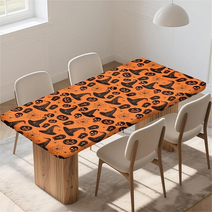 Rectangle Table Cloth Cover Waterproof Elastic Fitted Polyester Fitted Tablecloths for 8 Foot Tables for Indoor,Picnic, Camping, Outdoor （96" x 30"，Halloween Tablecloth）
