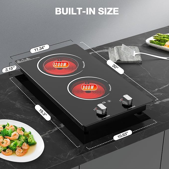 2 Burner Electric Cooktop, 2100W Electric Stove Top Hot Plate, 12 inch Countertop Burner & Built-In Stove Top, 9 Levels of Power, Knob Control, Timer & Kid Safety Lock, Residual Heat Warning
