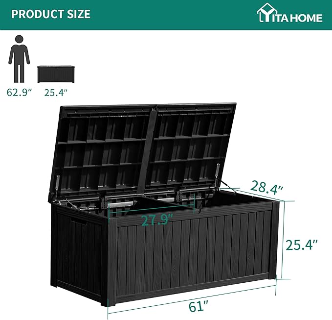 YITAHOME 150 Gallon Large Deck Box w/Divider, XL Waterproof Outdoor Storage for Patio Furniture,Outdoor Cushions, Garden Tools, Sports Equipment and Pool Supplies, Resin, Lockable, Black
