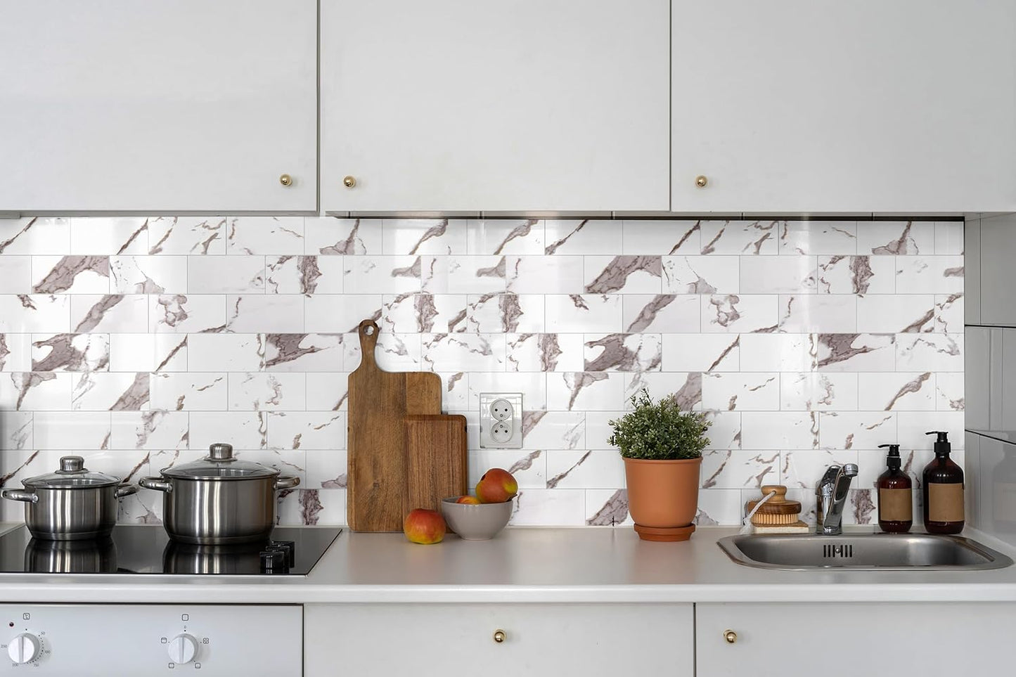 100 Pieces Peel and Stick Backsplash for Kitchen, 3" x 6" PVC Subway Tile 2026 Upgraded White Marble with Gold Accent Backsplash Stick on Tile Elevate Kitchen Fireplace RV