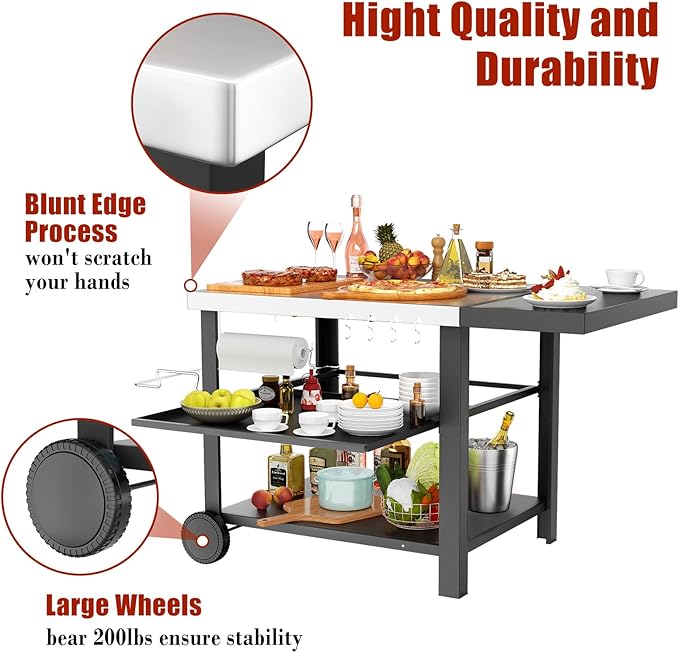 Outdoor Kitchen Island, Grill Cart with Drawer, Pizza Oven Stand, Movable 3-Shelf Prep Table with Side Table for Ninja Woodfire, Ooni Pizza Oven, Blackstone Griddle, Cuisinart, Cooking Station