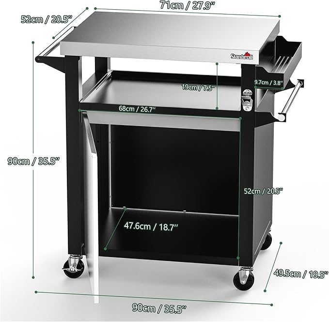 Stanbroil Rolling Grill Table Cart with Storage Cabinet, 3-Shelf Movable Prep Table Outdoor Bar, Multifunctional Grill Cart with Stainless Steel Tabletop, Paper Towel Holder