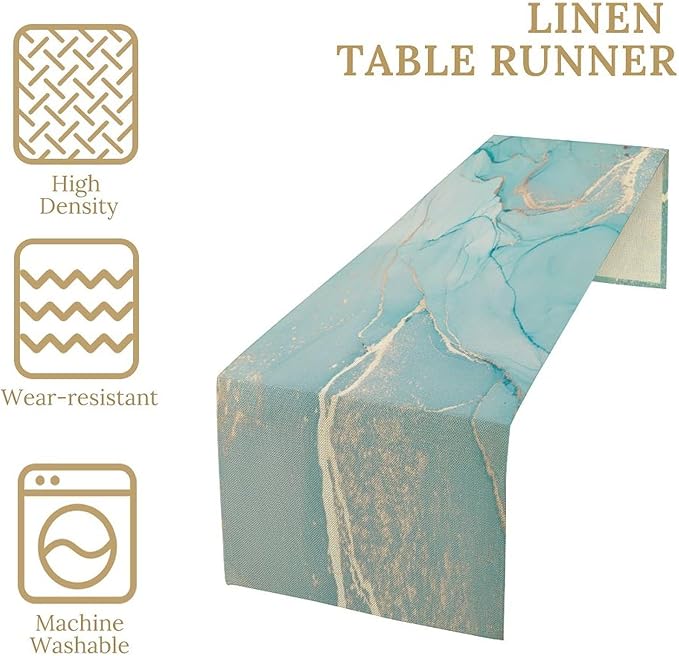 Turquoise Aqua Marble Table Runner, Modern Teal Watercolor Print Table Runner for Coffee Dining Party Wedding Kitchen 13x90in