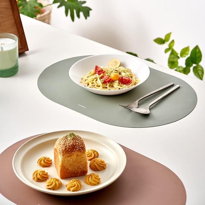 Clay Pink Oval Silicone Placemats Set of 6 – Heat Resistant, Waterproof, Easy to Clean Non-Slip Modern Dining Table Mats – Premium Leather Textured Japandi Kitchen Decor