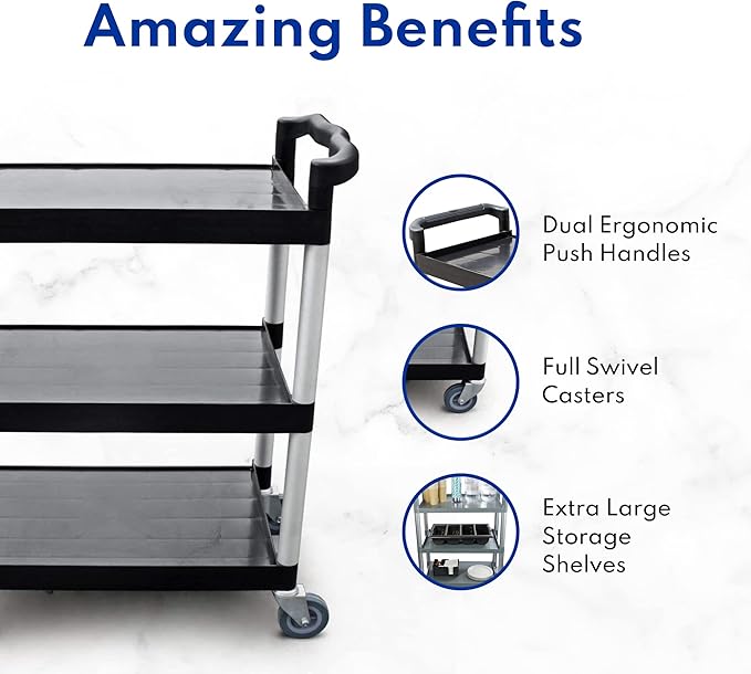 New Star Foodservice 54552 350-Pound Plastic 3-Tier Utility Bus Cart with Locking Casters, 42.5" x 19.5" x 38.5", Black