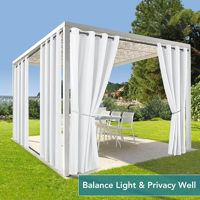 HolidayIdeas Outdoor Curtains for Patio Waterproof 6 Panels 54x84 Inch-Windproof Weatherproof Privacy White Curtains-Grommet Top and Tab Bottom Drape for Gazebo, Porch, Pergola, Cabana, Backyard